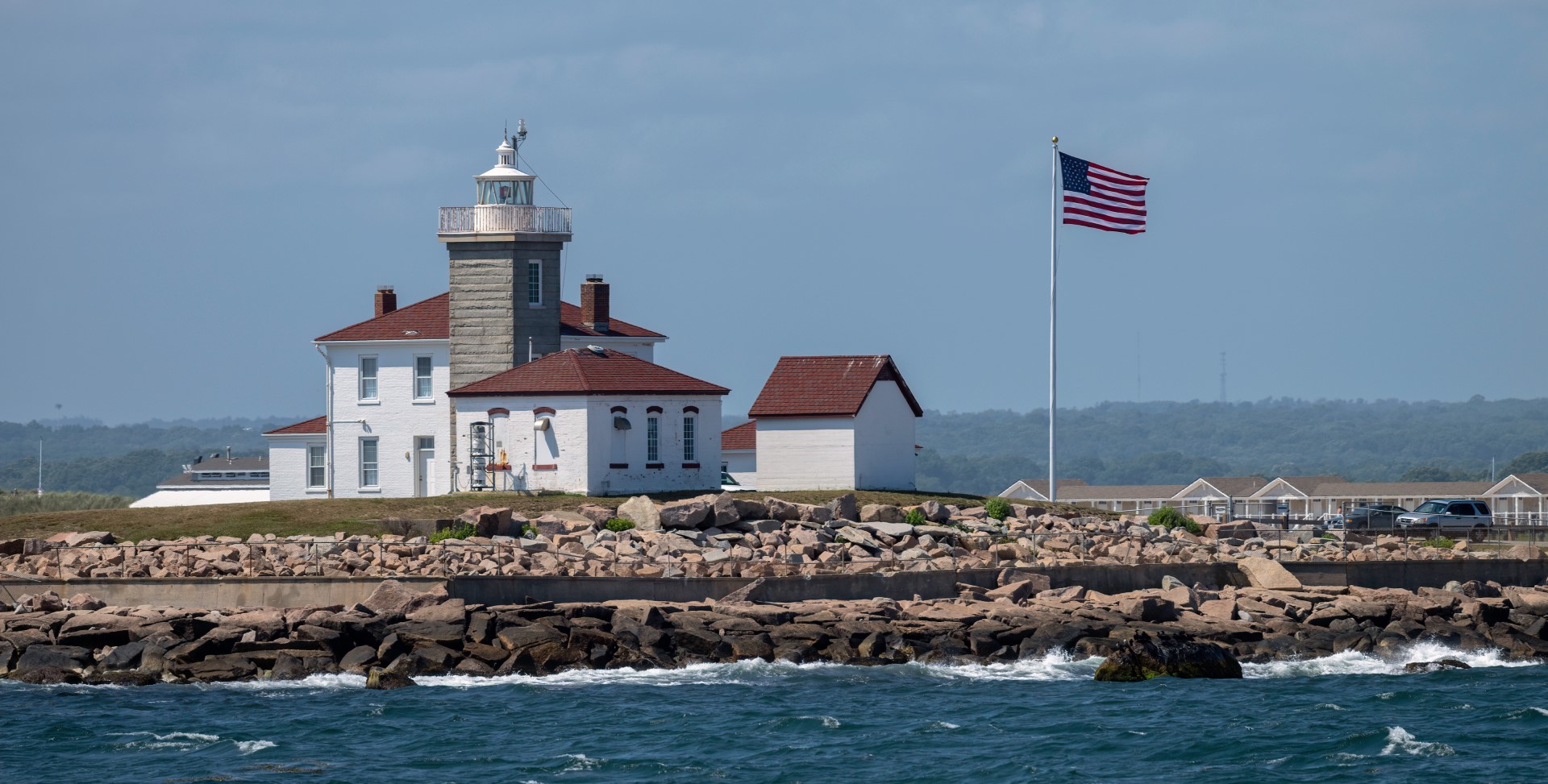 Lighthouse and American Flag in Westerly